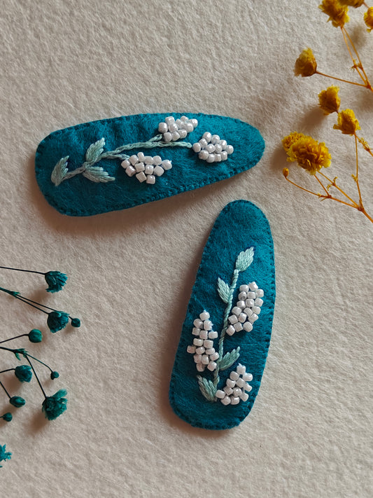 Turquoise Felt Hair Clip with Thread Work and White Bead Embroidery
