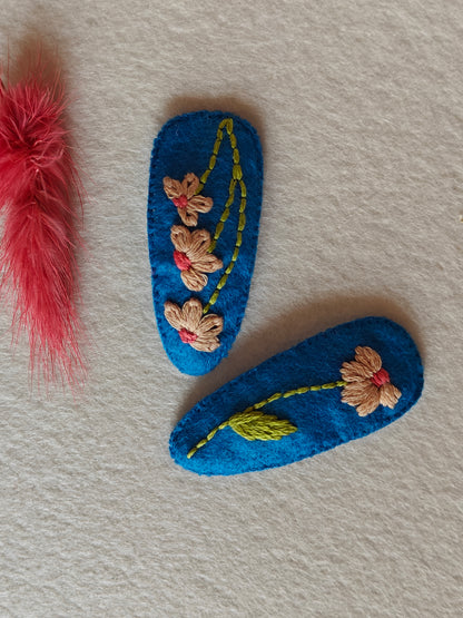 Blue Felt Hair Clip with Colourful Thread Embroidery
