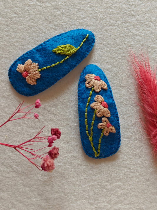 Blue Felt Hair Clip with Colourful Thread Embroidery