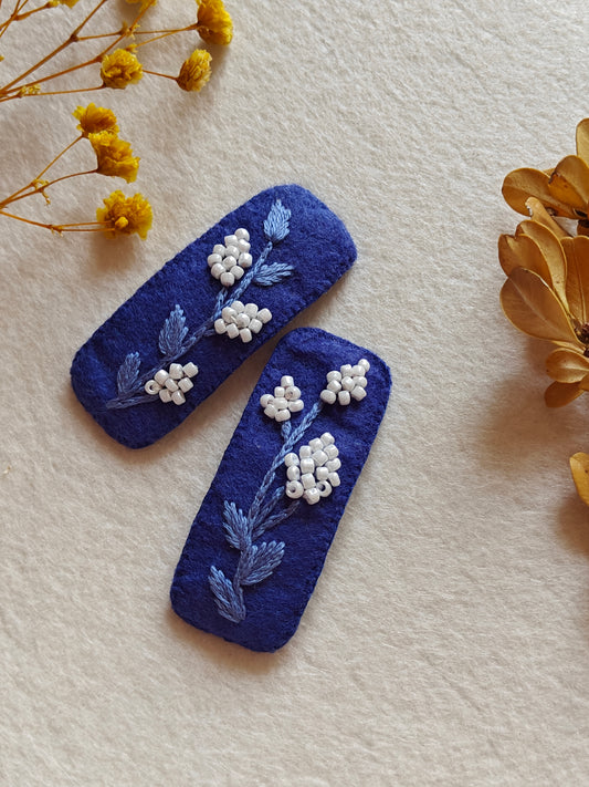 Dark Blue Felt Hair Clip with Thread and Bead Work