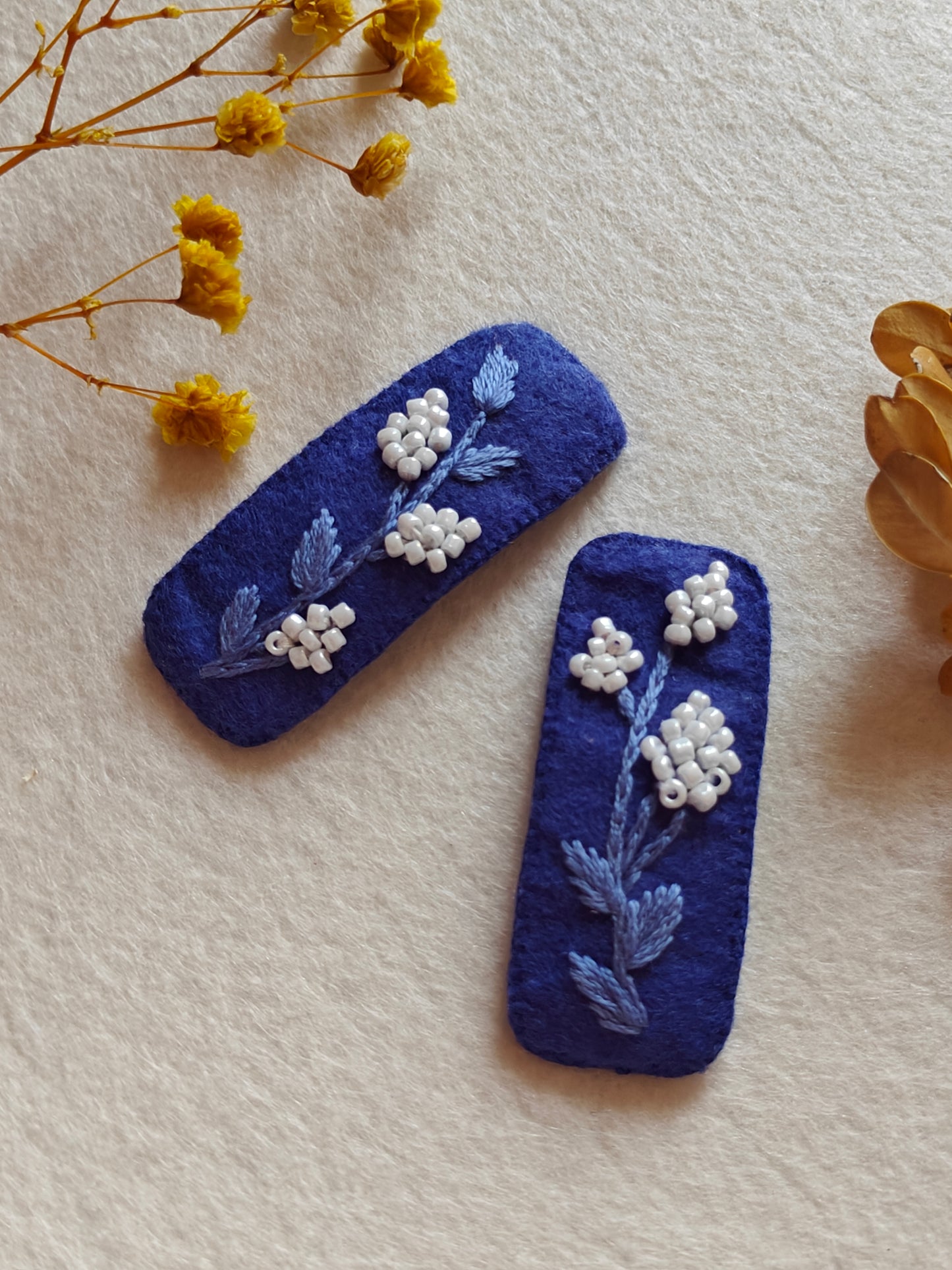 Dark Blue Felt Hair Clip with Thread and Bead Work