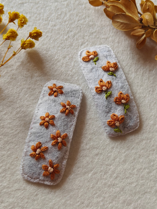 White Felt Hair Clip with Brown Thread Work Embroidery