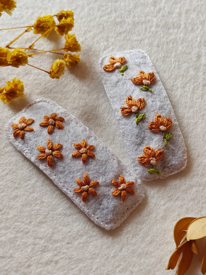 White Felt Hair Clip with Brown Thread Work Embroidery