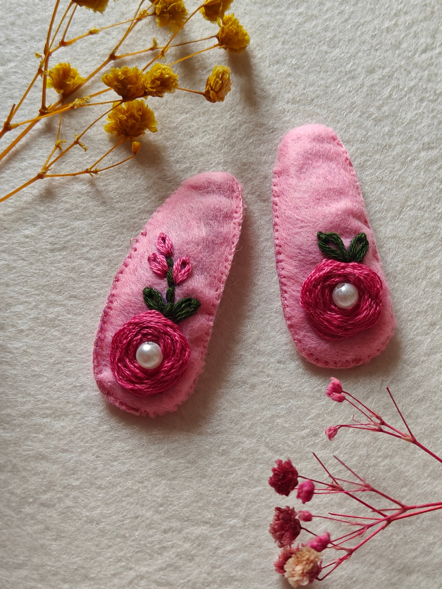 Light Pink Felt Hair Clip with Thread Work and Bead Emboidery