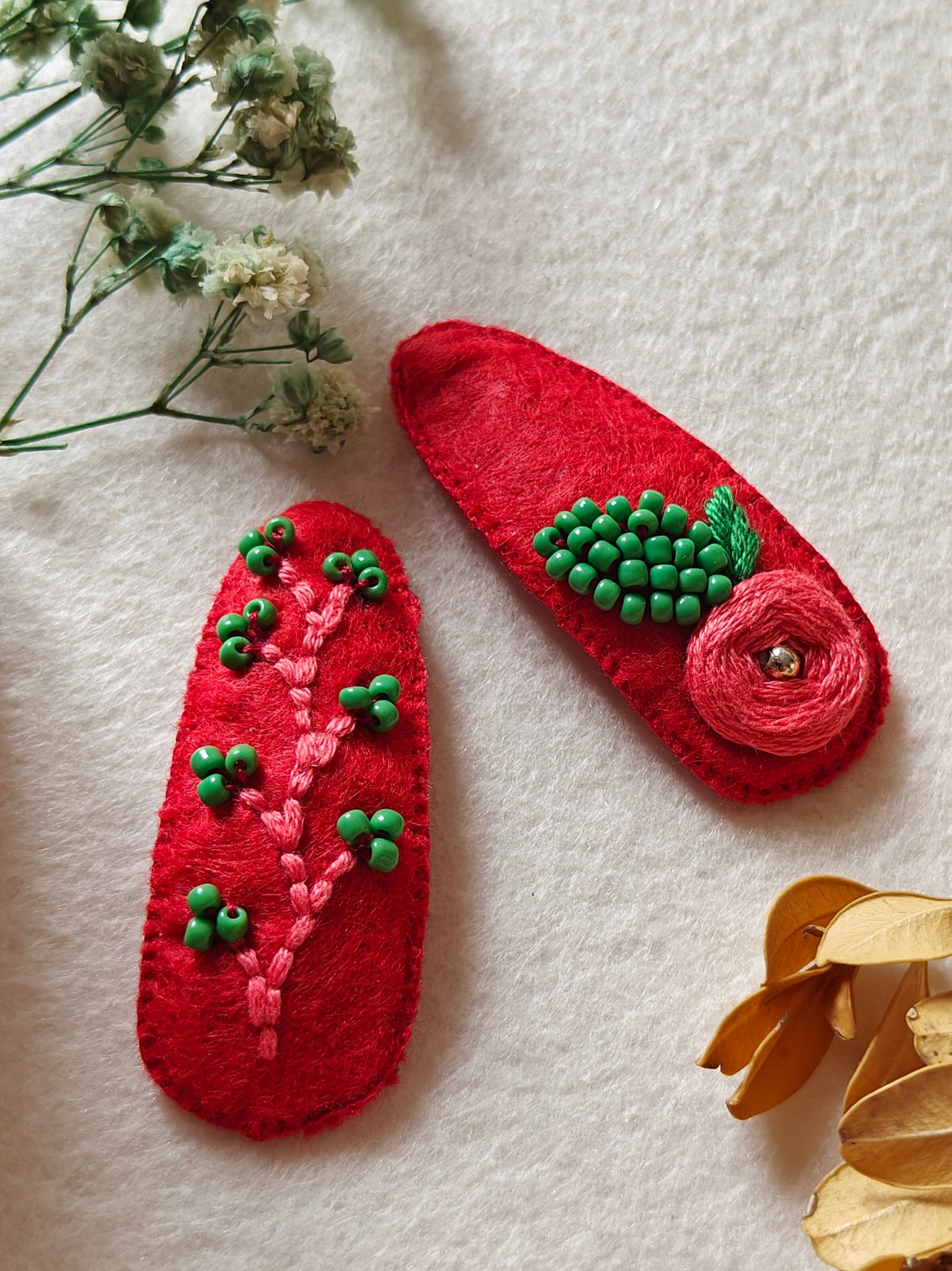 Red Felt Hair Clip with Thread Work and Green Bead Embroidery