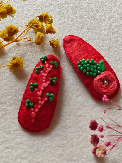 Red Felt Hair Clip with Thread Work and Green Bead Embroidery