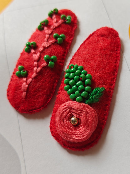 Red Felt Hair Clip with Thread Work and Green Bead Embroidery