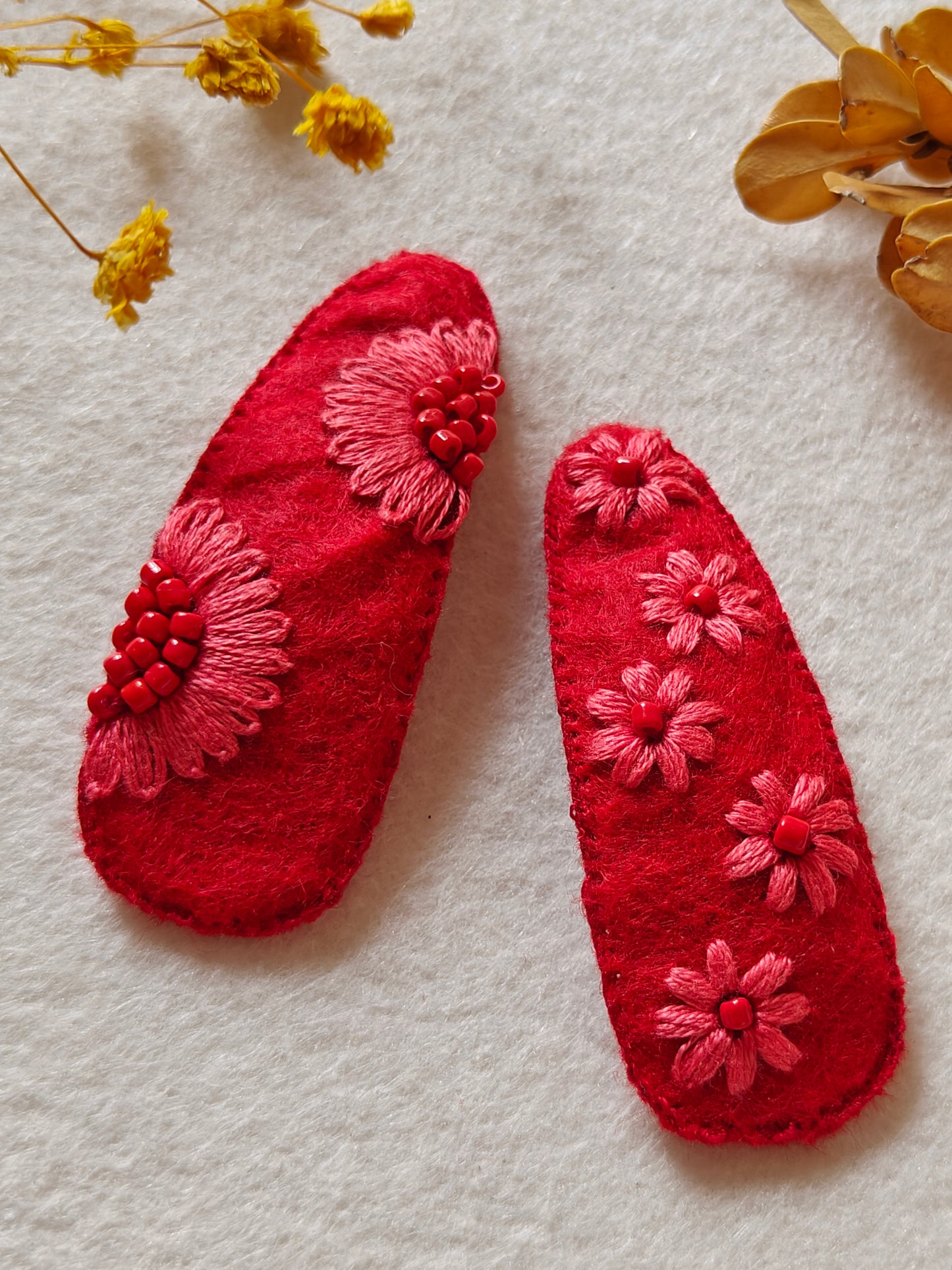 Red Felt Hair Clip with Thread Work and Bead Embroidery