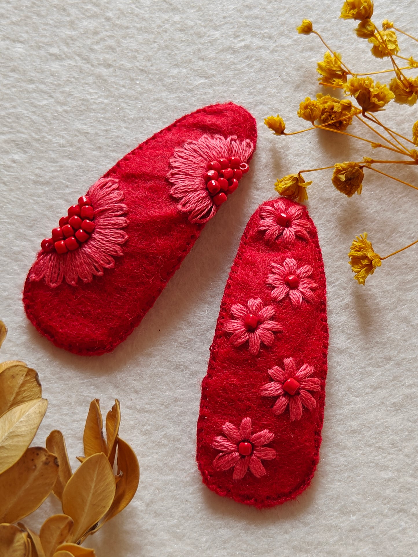Red Felt Hair Clip with Thread Work and Bead Embroidery