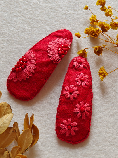 Red Felt Hair Clip with Thread Work and Bead Embroidery