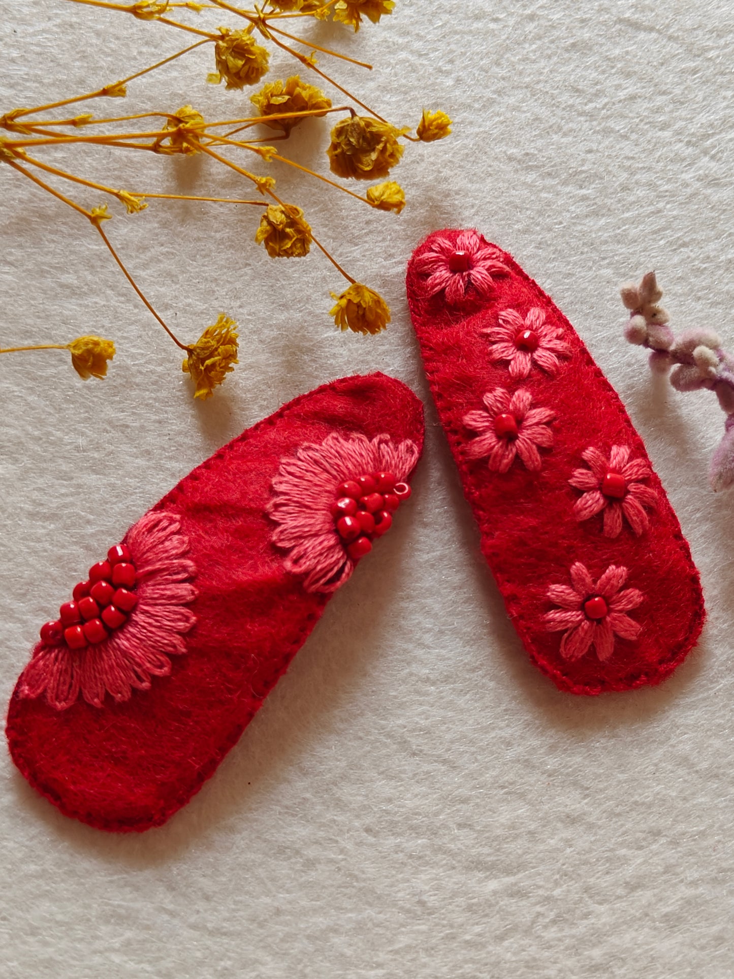 Red Felt Hair Clip with Thread Work and Bead Embroidery