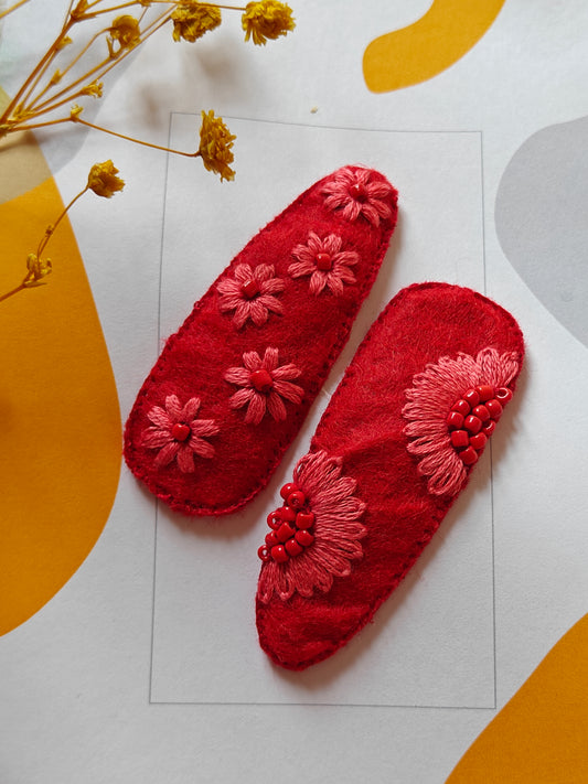 Red Felt Hair Clip with Thread Work and Bead Embroidery