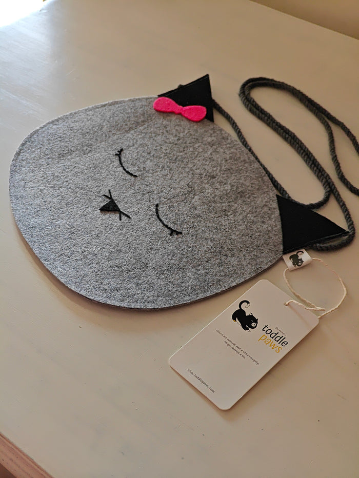 Grey Felt Cat Sling Bag with Pink Bow