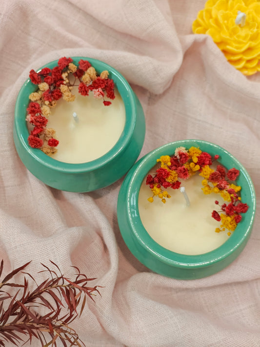 Handcrafted Turquoise Ceramic Matka Soy Wax Candle with Natural Dried Flowers