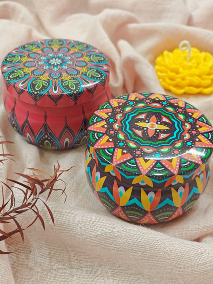Handcrafted Handpoured Set of 2 Printed Tin Jar Soy Wax Candle with Natural Dried Flowers