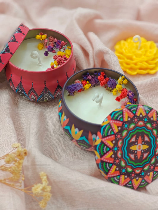 Handcrafted Handpoured Set of 2 Printed Tin Jar Soy Wax Candle with Natural Dried Flowers