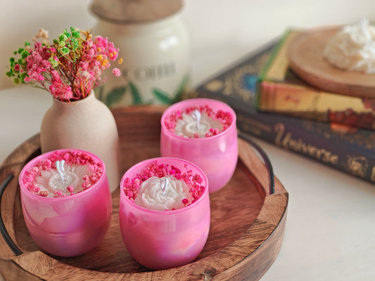 Handcrafted Hand poured Pink Glass Votive Soy Wax Candle with Natural Dried Flowers