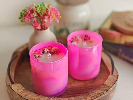 Handcrafted Hand poured Coloured Glass Votive Soy Wax Candle with Natural Dried Flower
