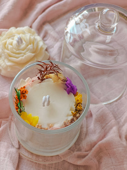 Handcrafted Handpoured Glass Bell Jar Soy Wax Candle with Natural Dried Flowers