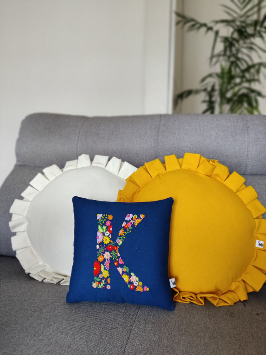 Hand Embroidered Customised Alphabet Cotton Cushion 10*10 Inches