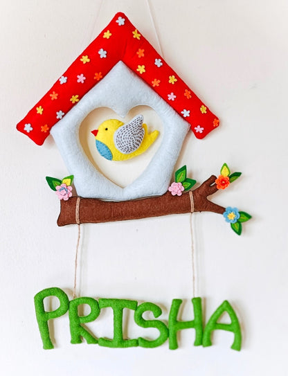 Handmade Felt Customised Name Garland with Birdhouse & Branch | Personalised Nursery Wall Hanging