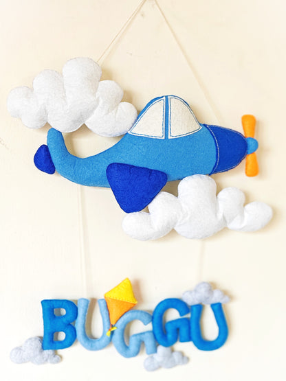 Handmade Felt Customised Name Garland with Airplane & Clouds | Personalised Aviation-Themed | Nursery Wall Hanging