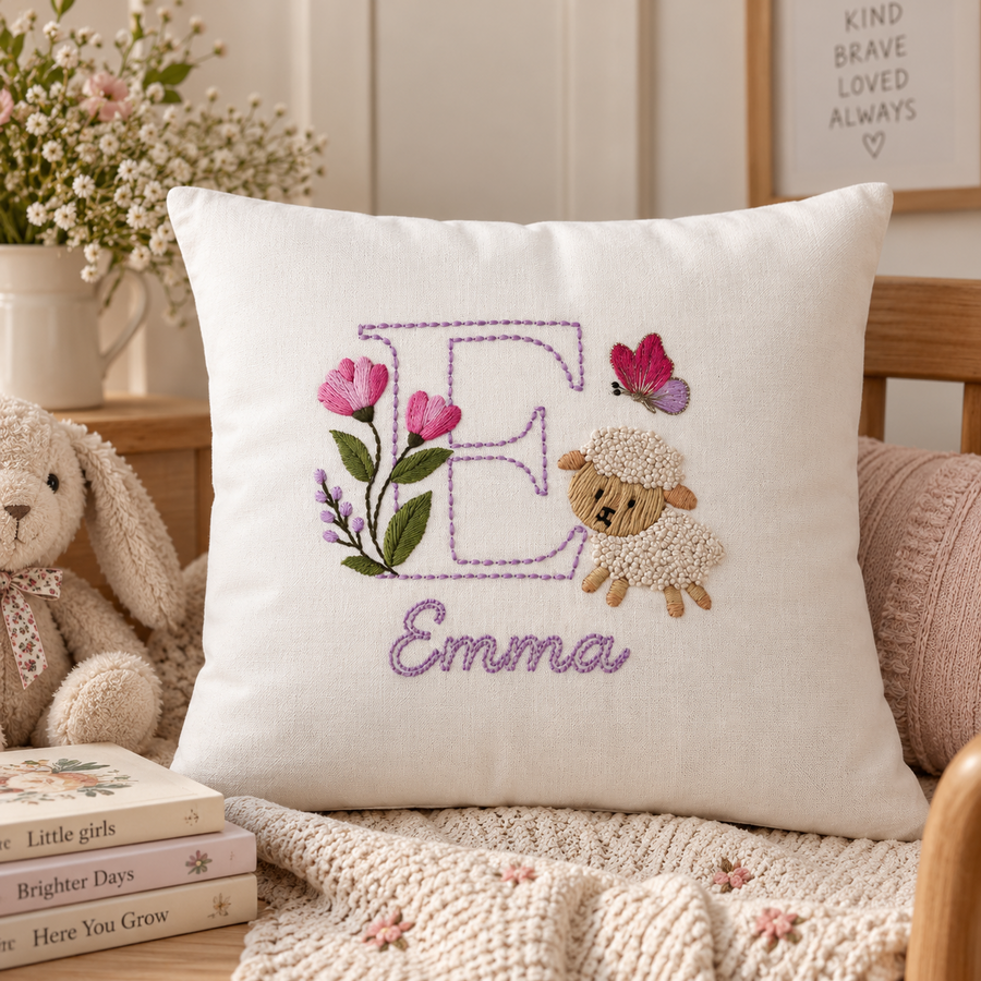 Personalised Emma floral initial cushion with an embroidered lamb and butterfly