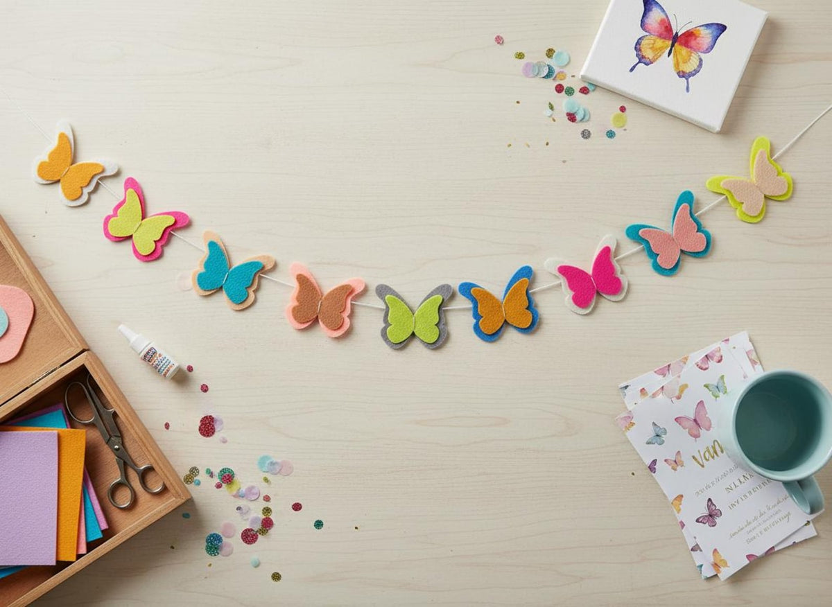 Close-up of handmade multicoloured felt butterflies on a white cord