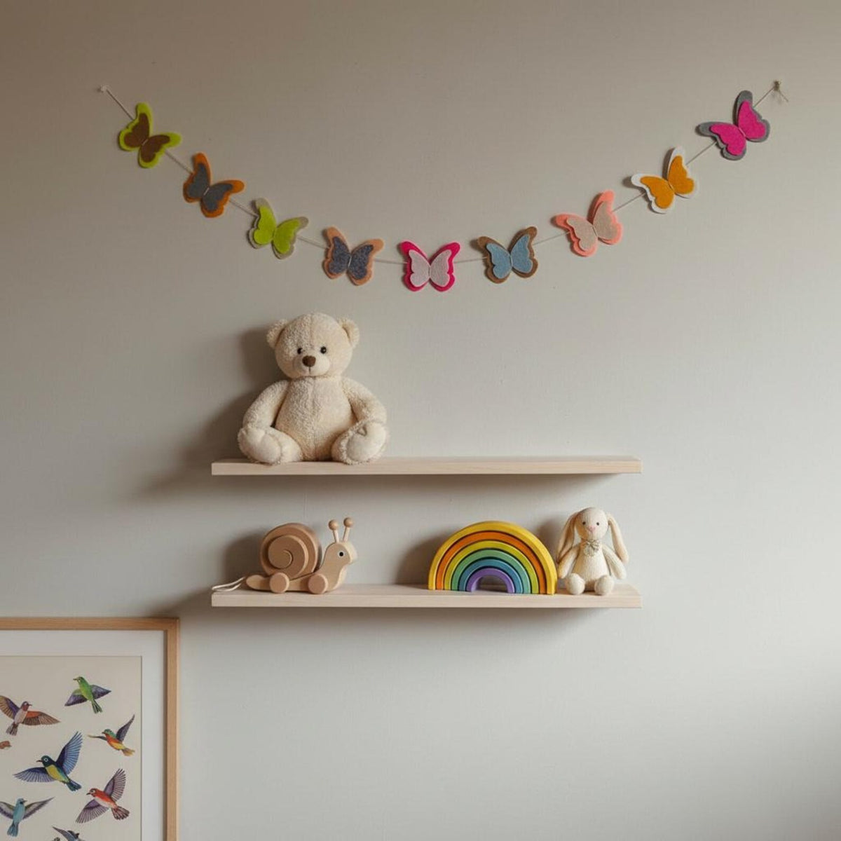 Handmade felt butterfly garland styled above nursery shelves and wooden toys