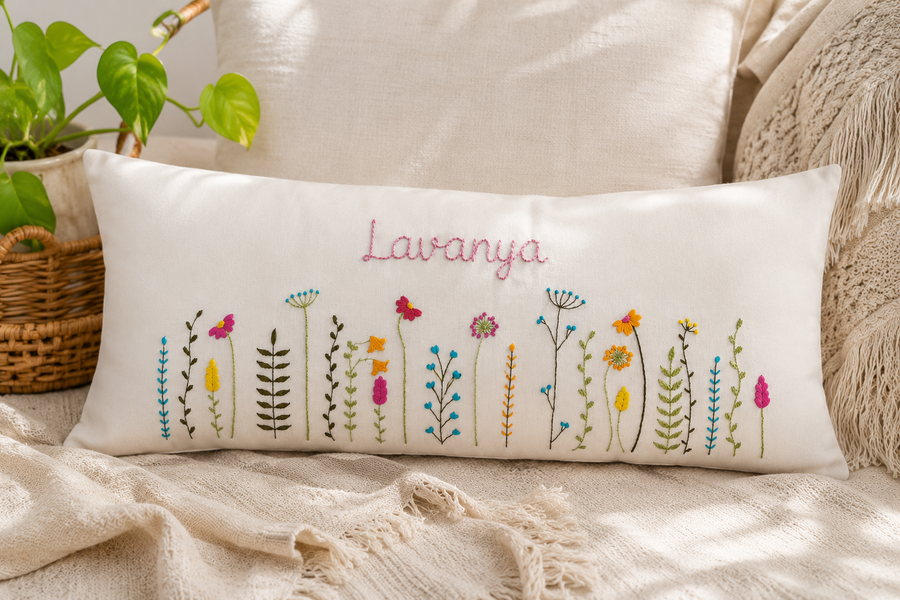 Personalised Lavanya cushion with hand-embroidered wildflowers