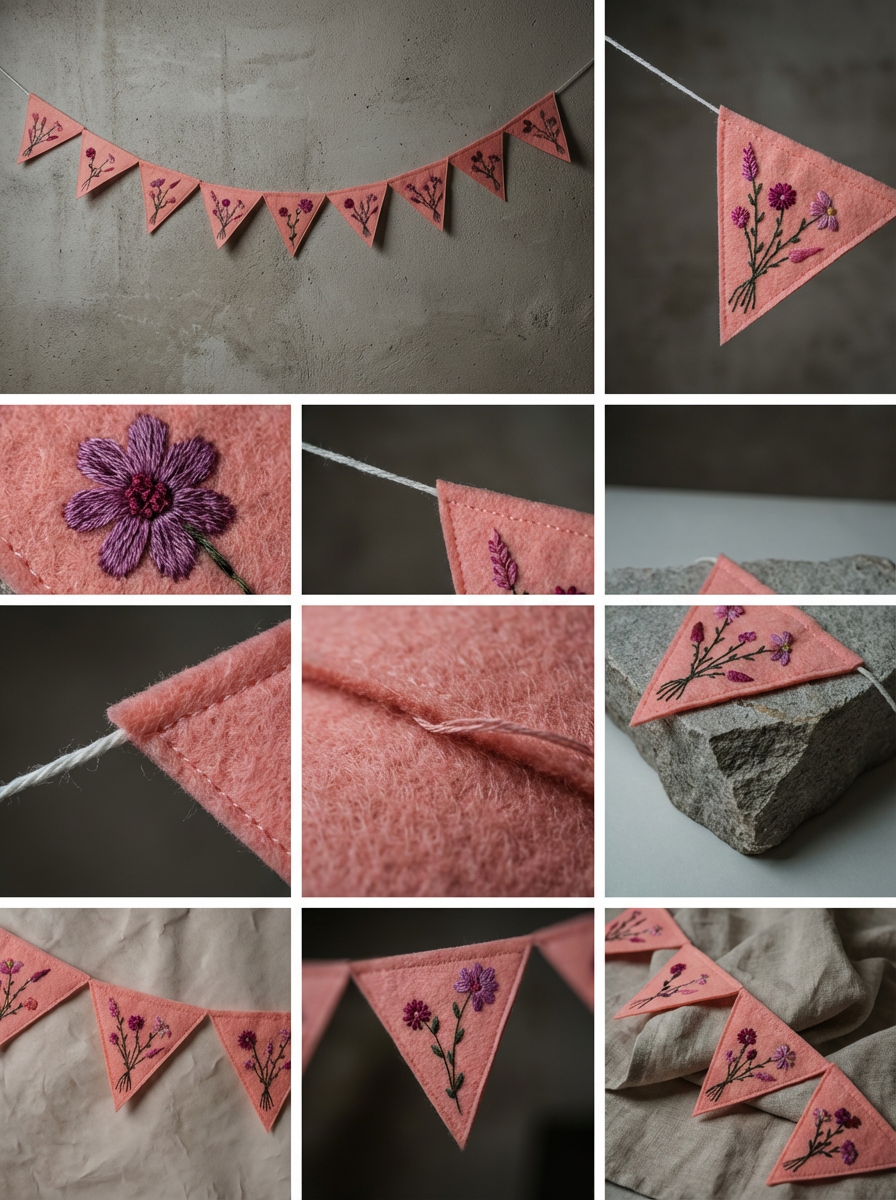 Pink felt bunting with hand-embroidered wildflowers, with close-up details of the flowers, stitching and fabric