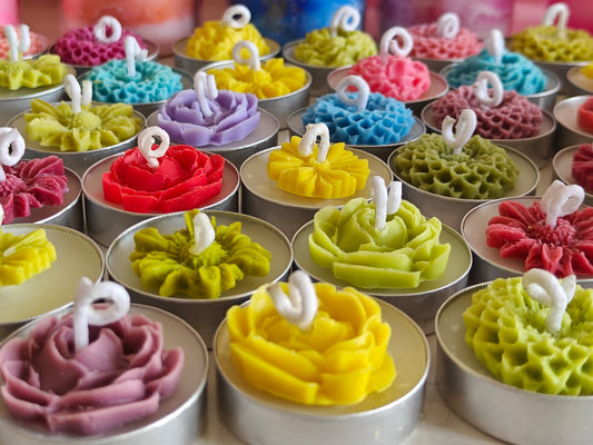 Colourful Handcrafted Soy Wax Tea Light with Soy Wax Floral Decor