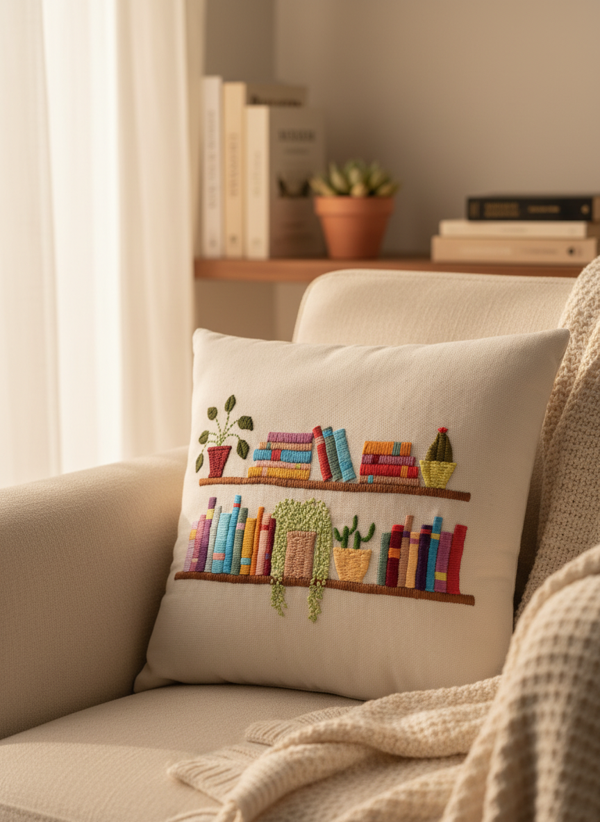 Hand-Embroidered Book Lover Cushion with Colorful Bookshelf & Potted Plants | Cozy Reading Nook Decorative Throw Pillow