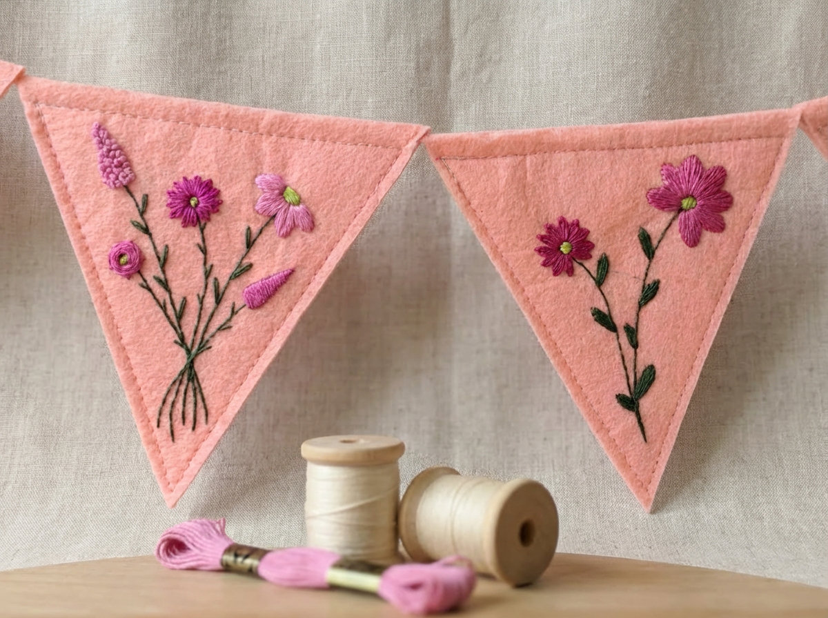Felt Bunting Banner Pink, Hand Embroidered Floral Garland, Nursery Wall Decor, Fabric Party Banner