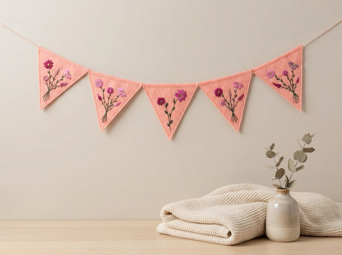 Felt Bunting Banner Pink, Hand Embroidered Floral Garland, Nursery Wall Decor, Fabric Party Banner