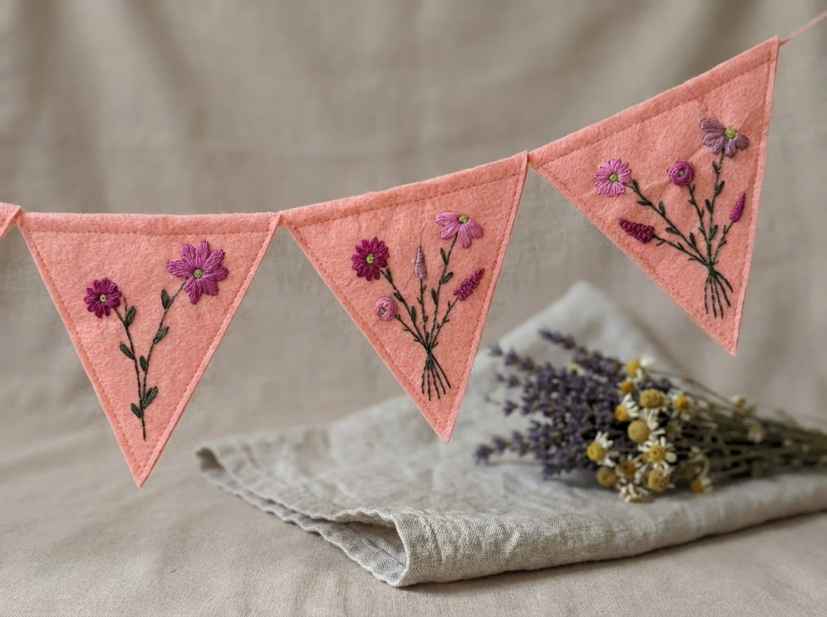 Felt Bunting Banner Pink, Hand Embroidered Floral Garland, Nursery Wall Decor, Fabric Party Banner