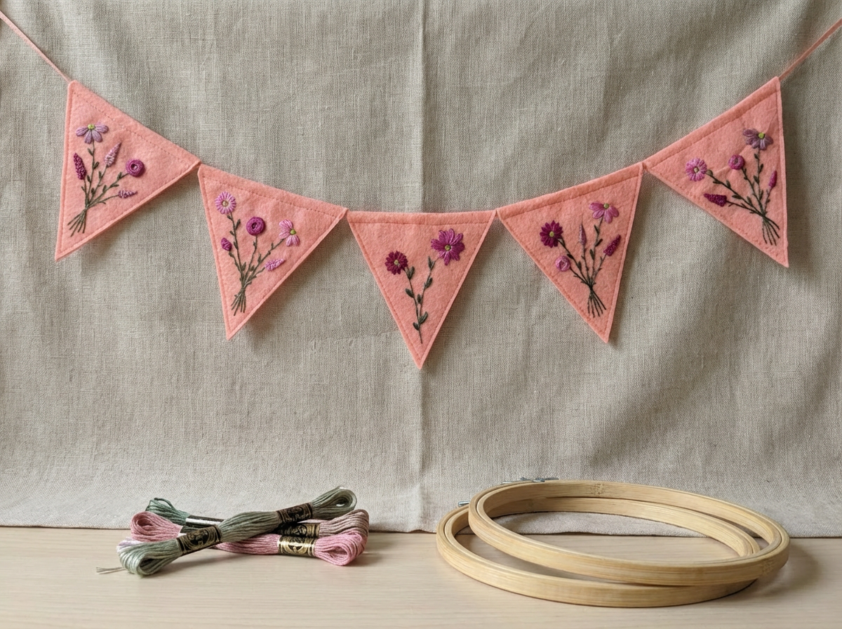 Felt Bunting Banner Pink, Hand Embroidered Floral Garland, Nursery Wall Decor, Fabric Party Banner