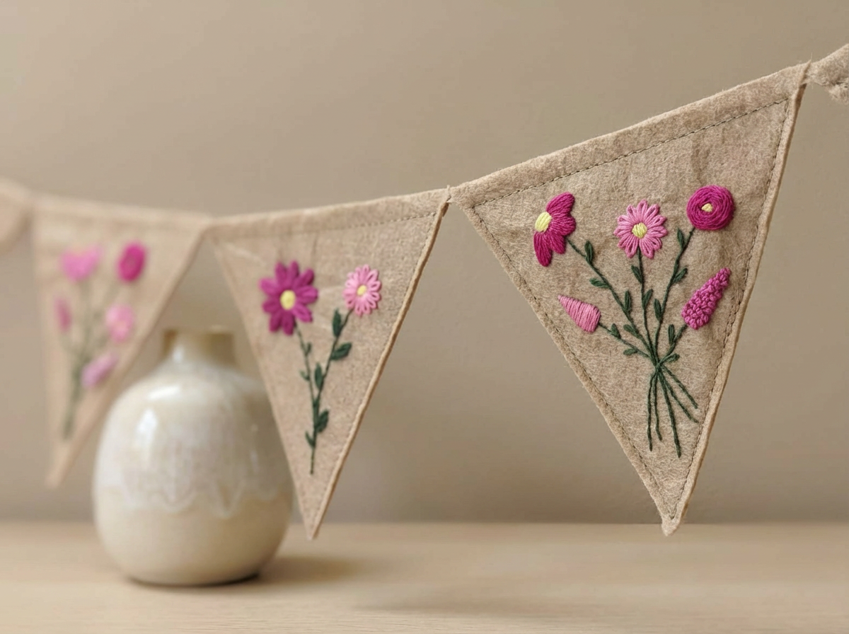 Felt Bunting Banner Pink, Hand Embroidered Floral Garland, Nursery Wall Decor, Fabric Party Banner