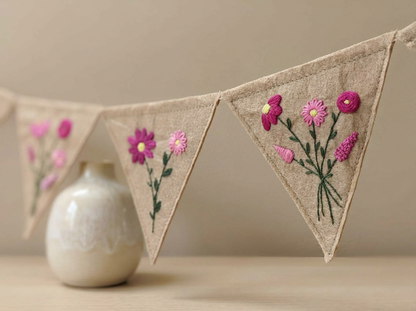 Felt Bunting Banner Pink, Hand Embroidered Floral Garland, Nursery Wall Decor, Fabric Party Banner