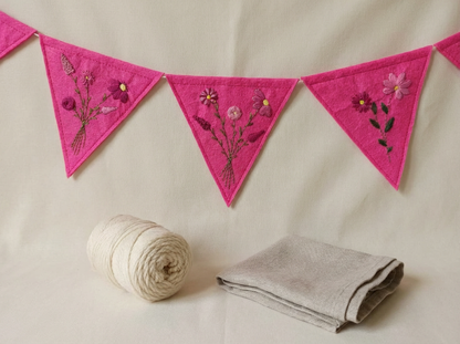 Felt Bunting Banner Pink, Hand Embroidered Floral Garland, Nursery Wall Decor, Fabric Party Banner