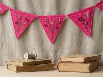 Felt Bunting Banner Pink, Hand Embroidered Floral Garland, Nursery Wall Decor, Fabric Party Banner