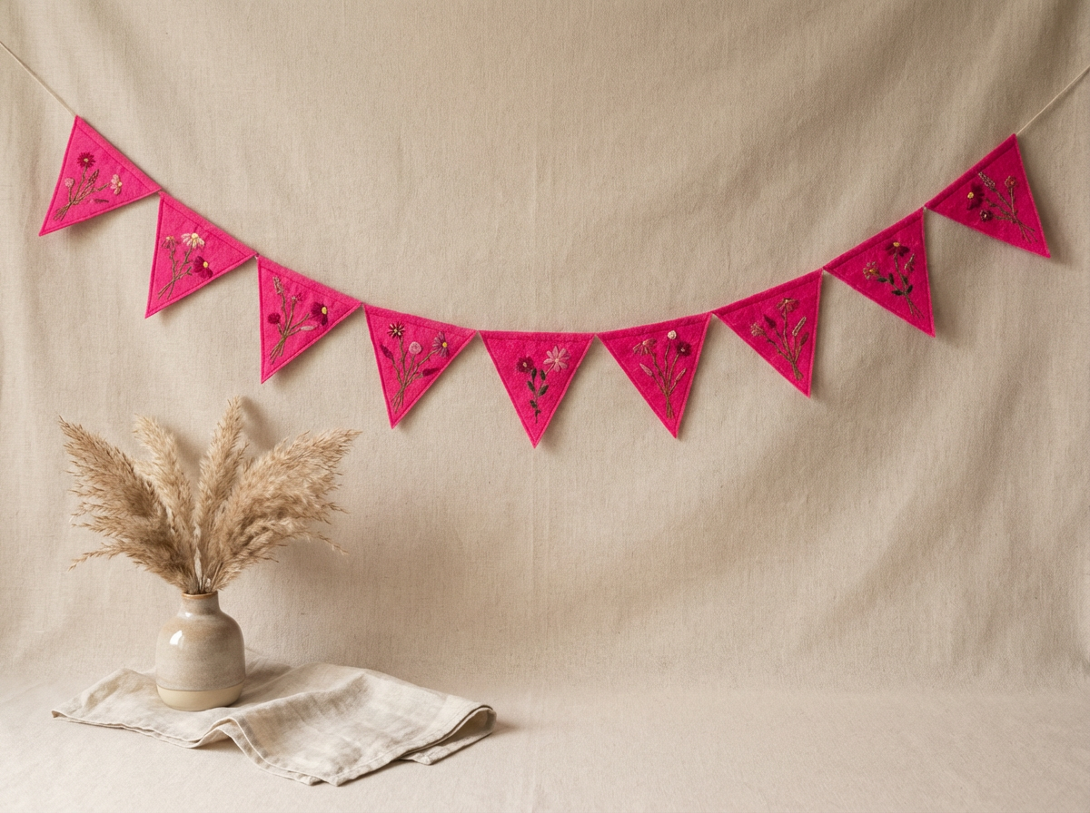 Felt Bunting Banner Pink, Hand Embroidered Floral Garland, Nursery Wall Decor, Fabric Party Banner