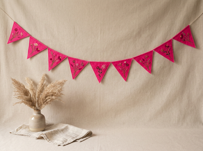 Felt Bunting Banner Pink, Hand Embroidered Floral Garland, Nursery Wall Decor, Fabric Party Banner