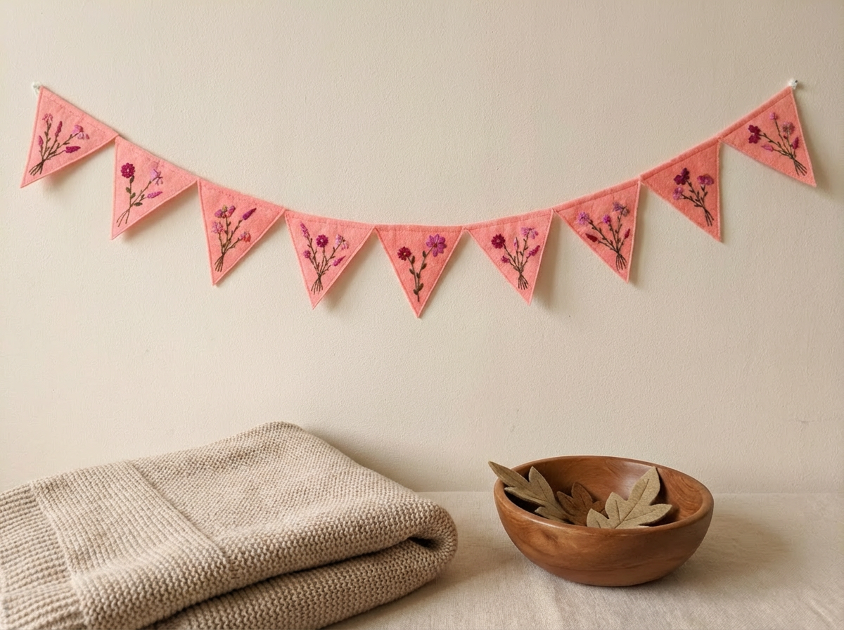 Felt Bunting Banner Pink, Hand Embroidered Floral Garland, Nursery Wall Decor, Fabric Party Banner