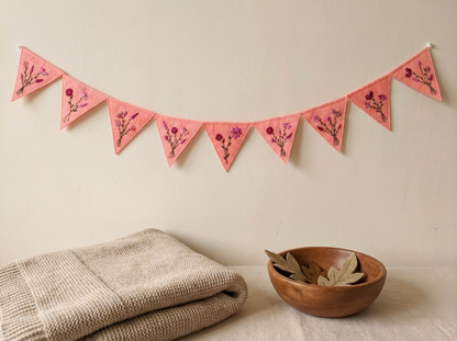 Felt Bunting Banner Pink, Hand Embroidered Floral Garland, Nursery Wall Decor, Fabric Party Banner