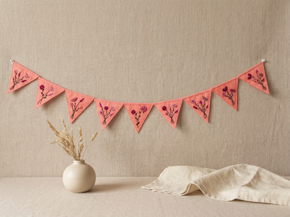 Felt Bunting Banner Pink, Hand Embroidered Floral Garland, Nursery Wall Decor, Fabric Party Banner
