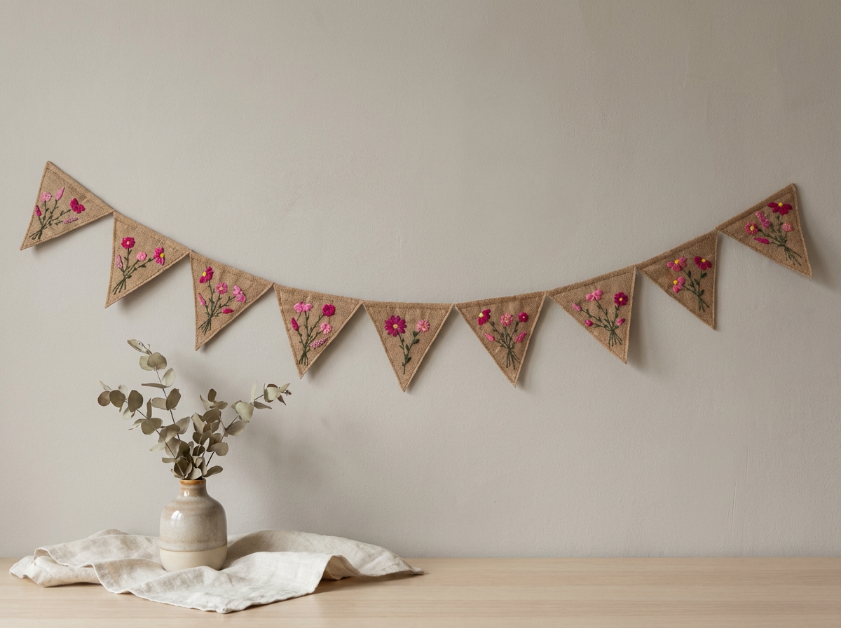 Felt Bunting Banner Pink, Hand Embroidered Floral Garland, Nursery Wall Decor, Fabric Party Banner
