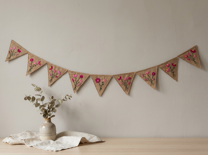 Felt Bunting Banner Pink, Hand Embroidered Floral Garland, Nursery Wall Decor, Fabric Party Banner