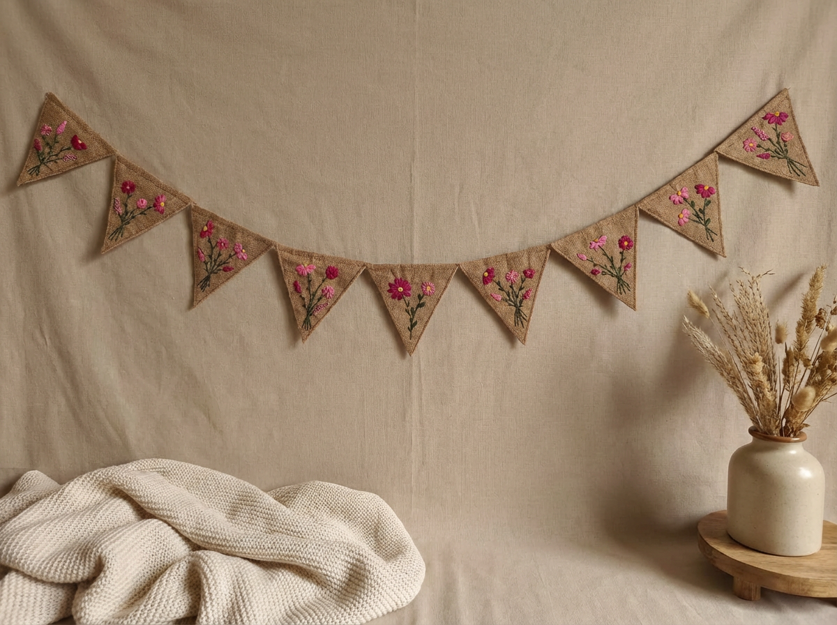 Felt Bunting Banner Pink, Hand Embroidered Floral Garland, Nursery Wall Decor, Fabric Party Banner