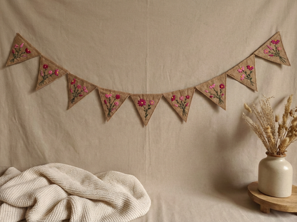 Felt Bunting Banner Pink, Hand Embroidered Floral Garland, Nursery Wall Decor, Fabric Party Banner